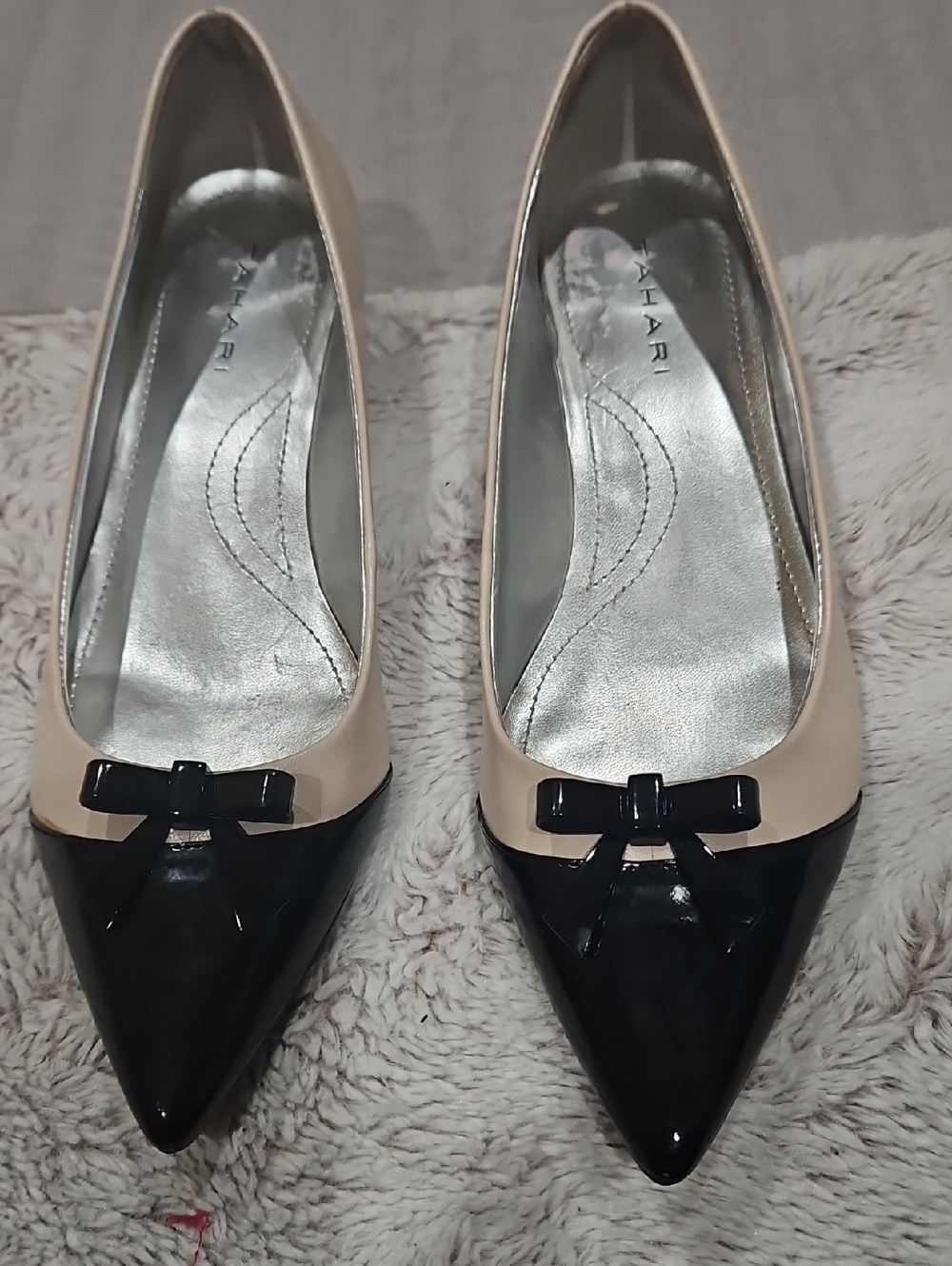 Tahari Black and Cream Pointed Toe Bow Heels